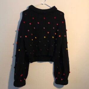 Farm Rio L Felt Ball Pom Pom Rainbow Sweater Black